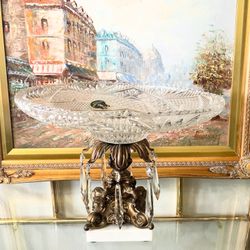 Vtg 10” H Large Monarch Crystal Brass Compote with Crystal Prisms on Marble Base