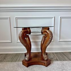 Hand-Carved Swan Pedestal Side Table with Glass Top