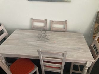 White washed gray aged Nadeau dining table and six chairs