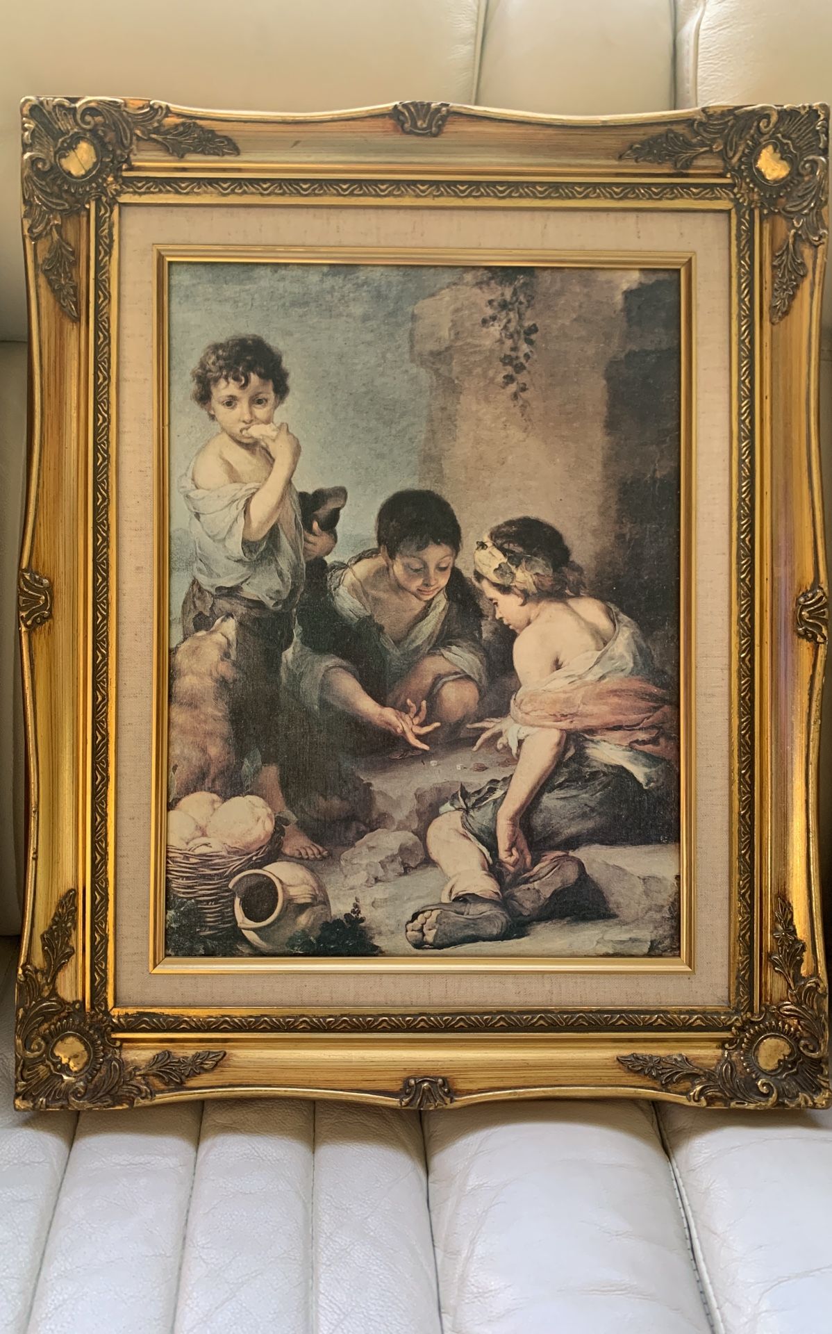 Boys Playing Dice Painting Canvas Antique21X17” Frame 
