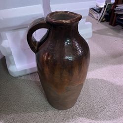 Vintage Brown Pottery Vase With Handle&Spout Rustic Finish