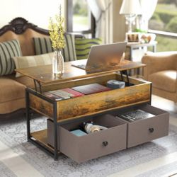 (small damage) Lift Top Coffee Table, Industrial Wood Storage Shelf Cabinet for Living Room Reception Room