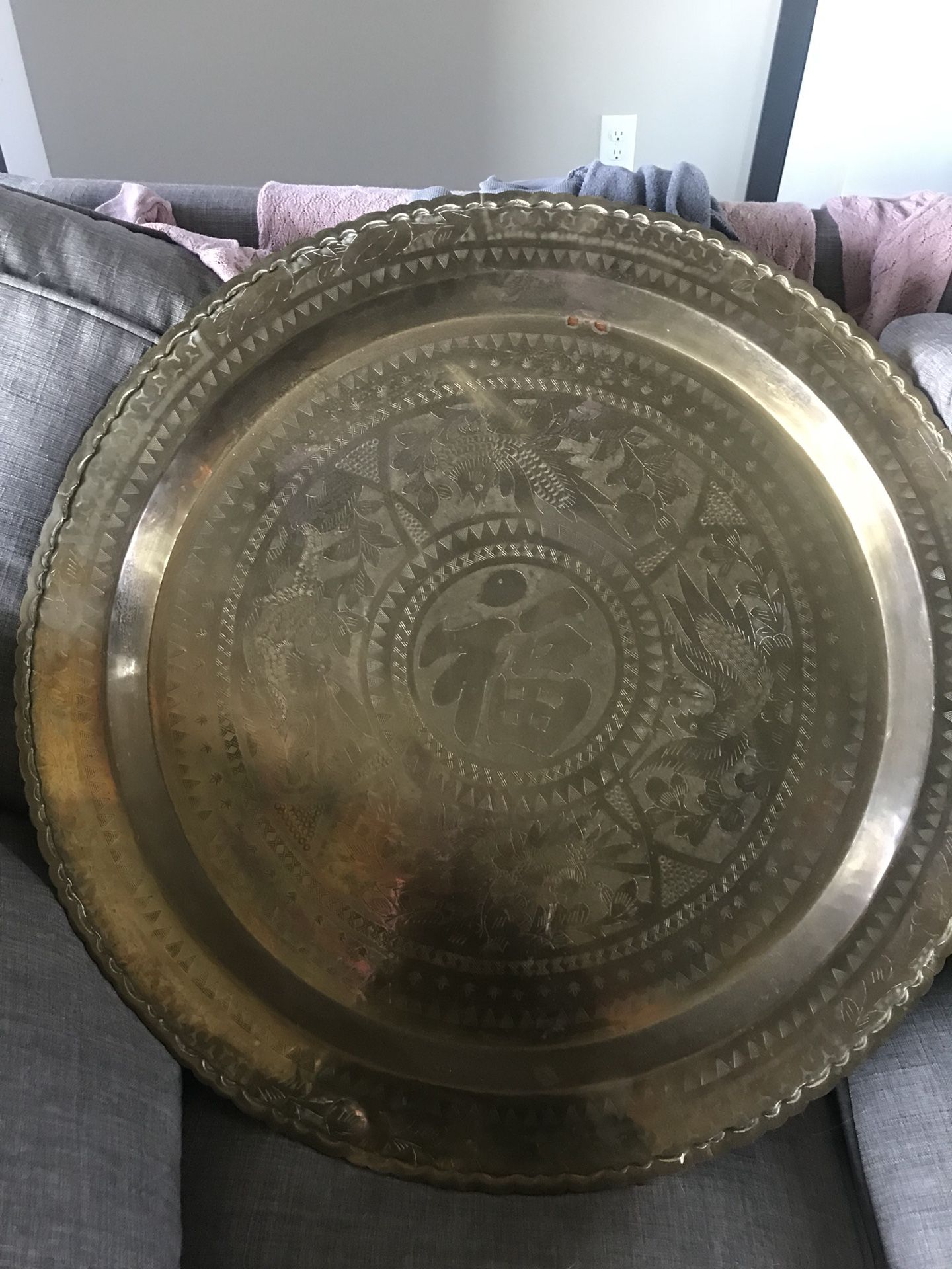 Vintage Asian themed brass wall hanging 24” diameter