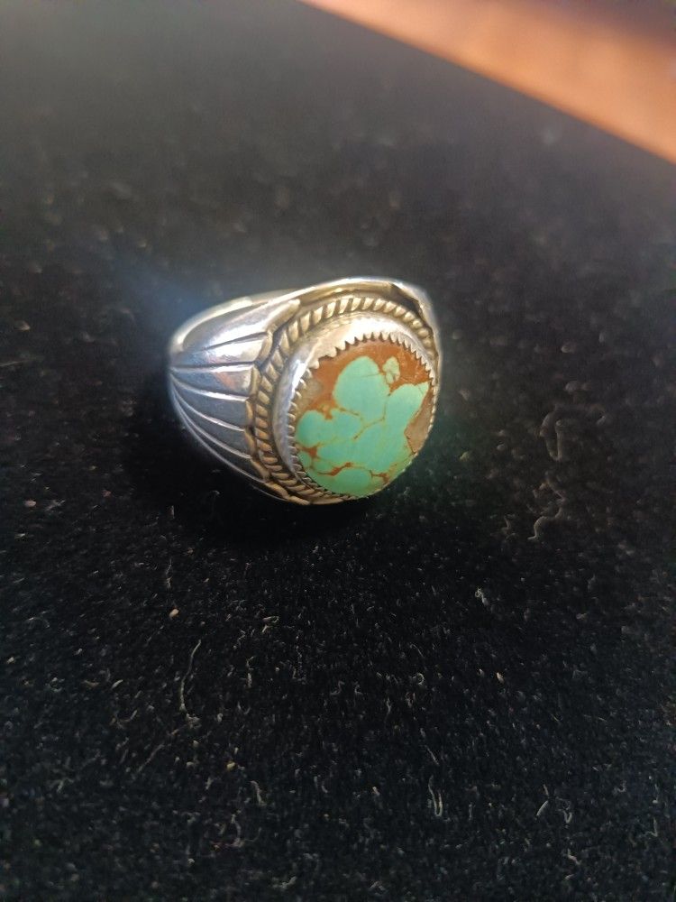 Turquoise And Copper Inlay In Stone  On Silver Ring