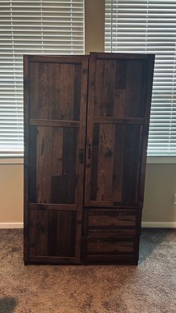 Rustic Wardrobe Armoire - Reclaimed Pine Finish with Hanging Rod & 2 Drawers