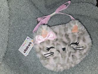 Claire's Club Furry Pink Cat Crossbody Bag and Ty Fashion Beanie Boos Cassidy the Lavender Cat mini crossbody purse