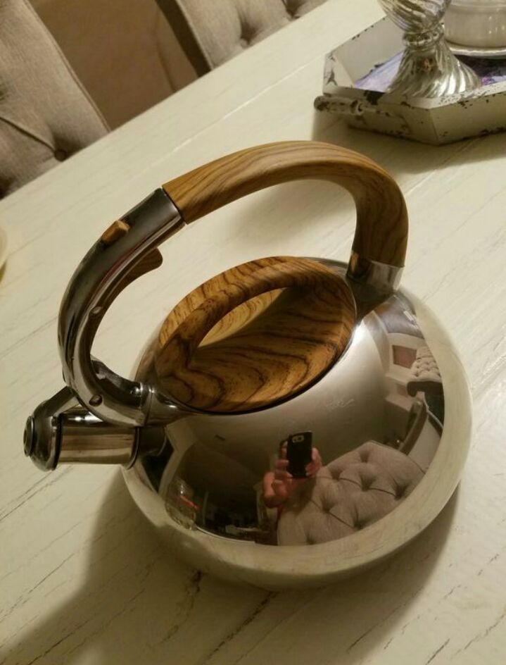 Wolfgang Puck tea kettle teapot with wood grain top and handle for Sale