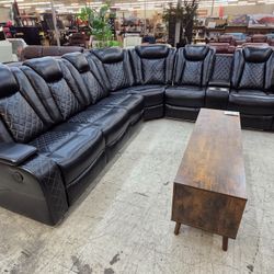 3pc Leather Power Reclining Theater Sectional With LED Lighting