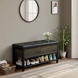 Storage Bench with Storage, Long Leather Shoe Bench with Flip Top for Hallway, Living Room, Dark Brown