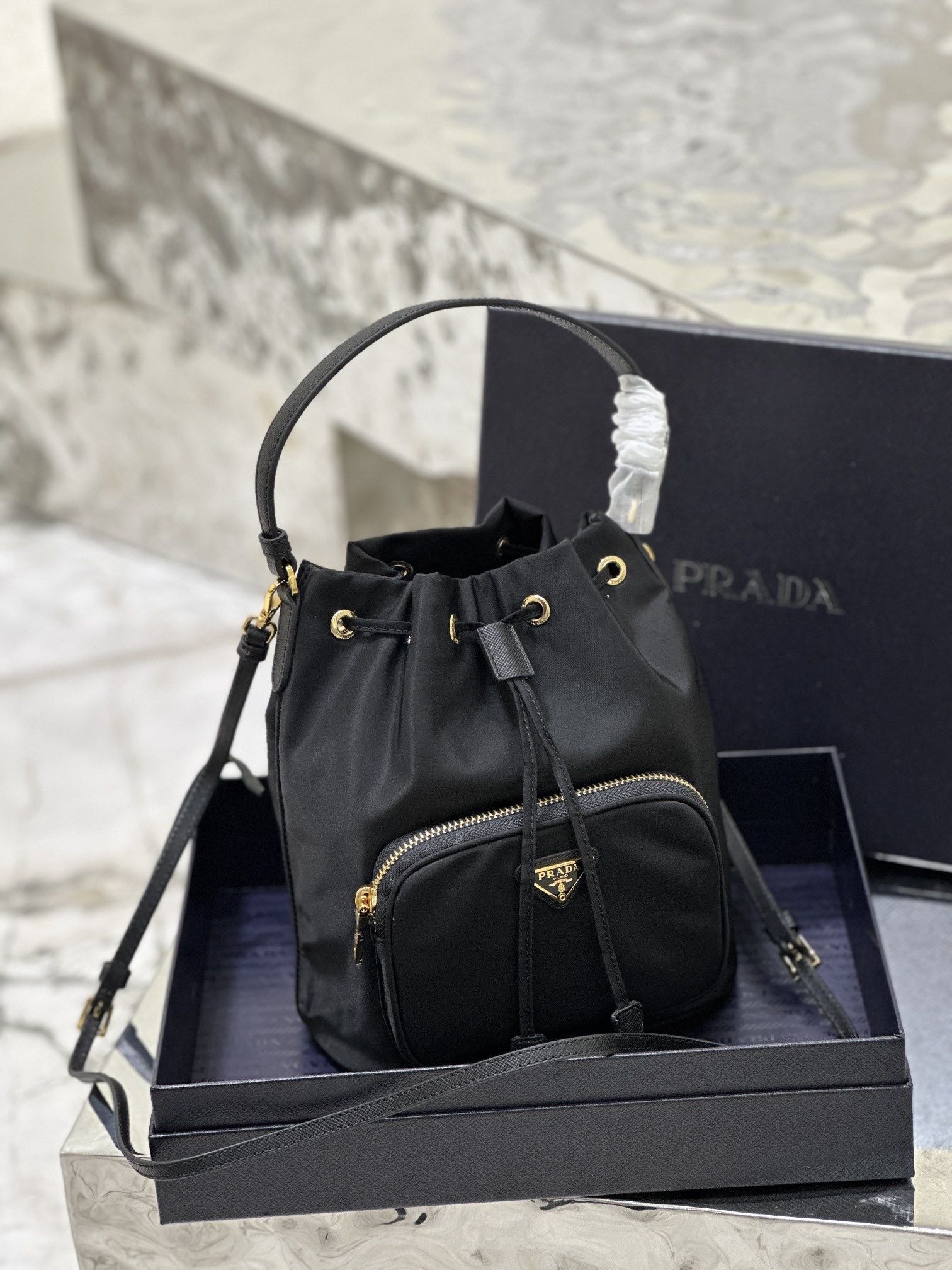 1BH038 Nylon Bucket Bag Black Gold Hardware 18x23x12cm