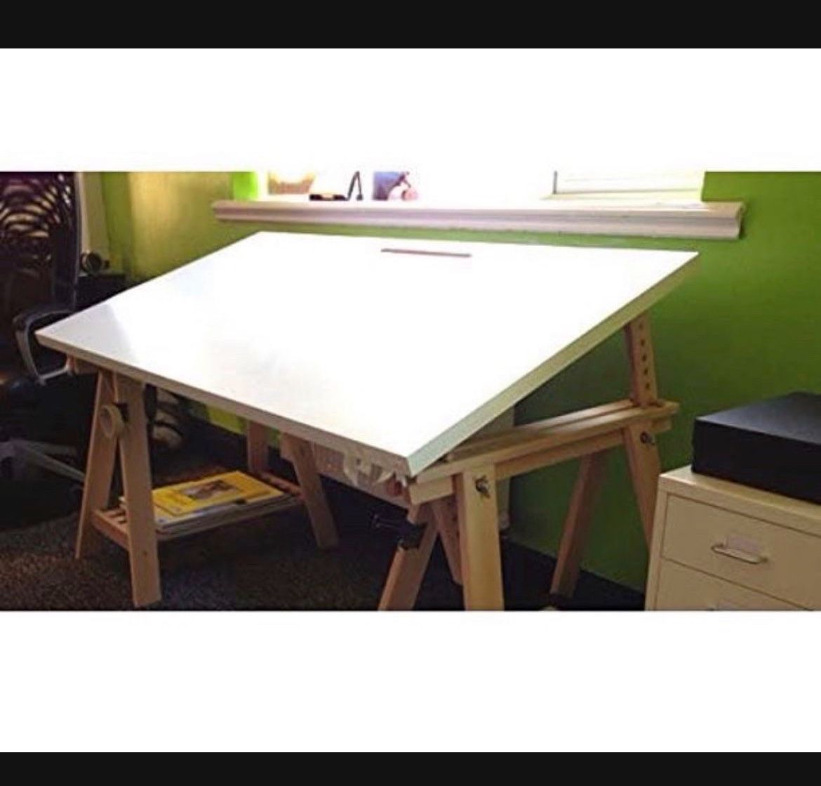 Ikea Linnmon White Desk Table 59x30" with 2 Beech Wood Brown Trestle Shelf Legs Height and Angle Adjustable, Drawing Table