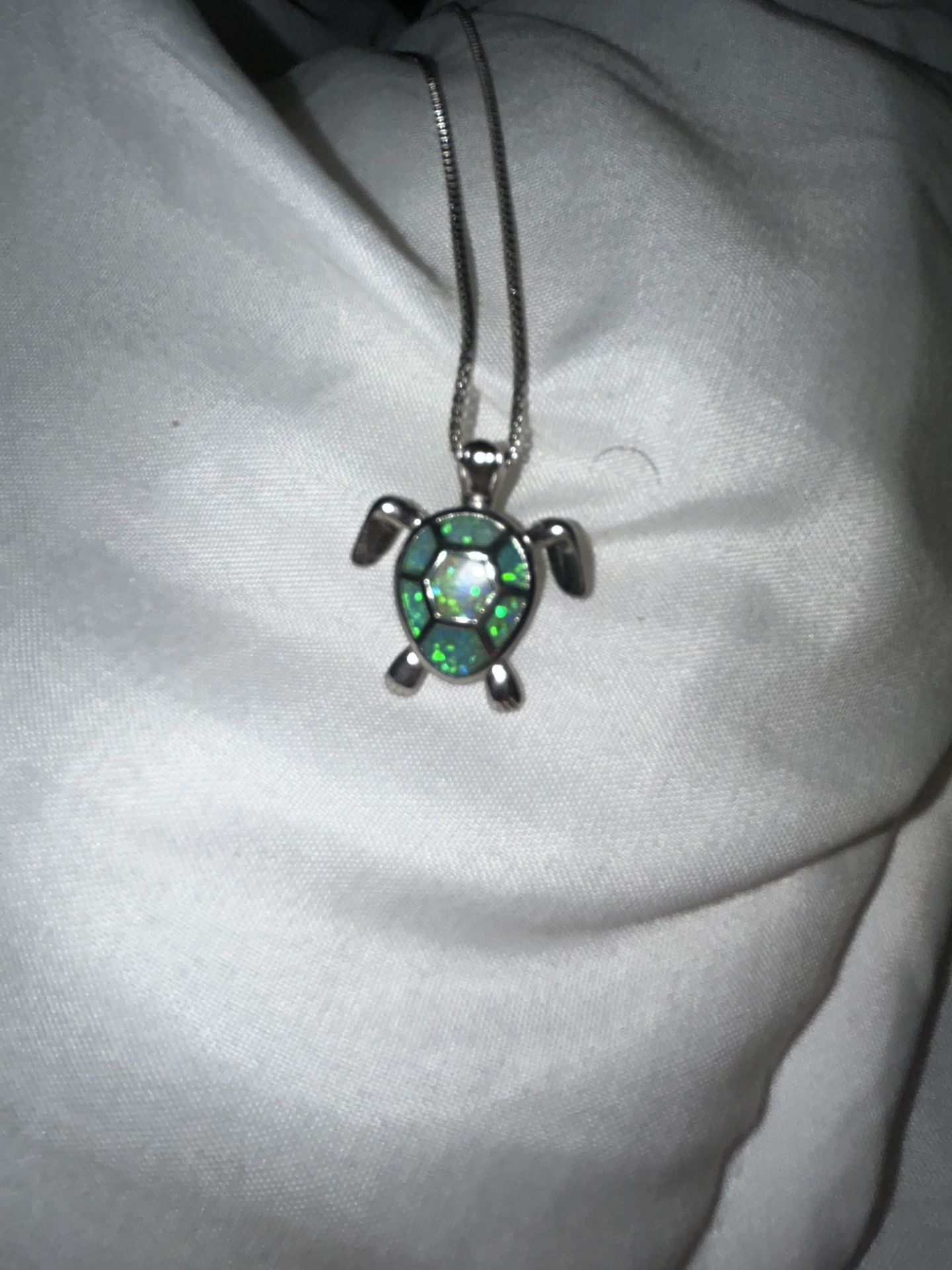 Solid Silver And Green Opal Turtle Necklace