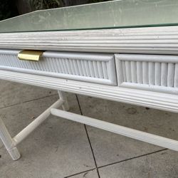 Rattan Wood Desk With Glass Top 