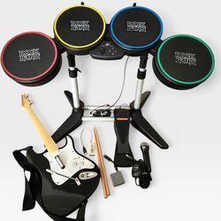 Rock Band Harmonix Bundle drum set, guitar, dongle, mic, drum sticks, RockBand USB hub