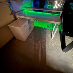 55'' L-Shape Computer Desk With LED Lights, Power Outlets & Drawer Shelves