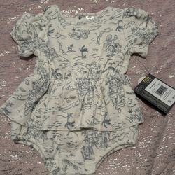Baby Girl Size 3-6 And 6-9 Months White  Ivory City Beach Lighthouse Scene  Bodysuit Romper Ruffles