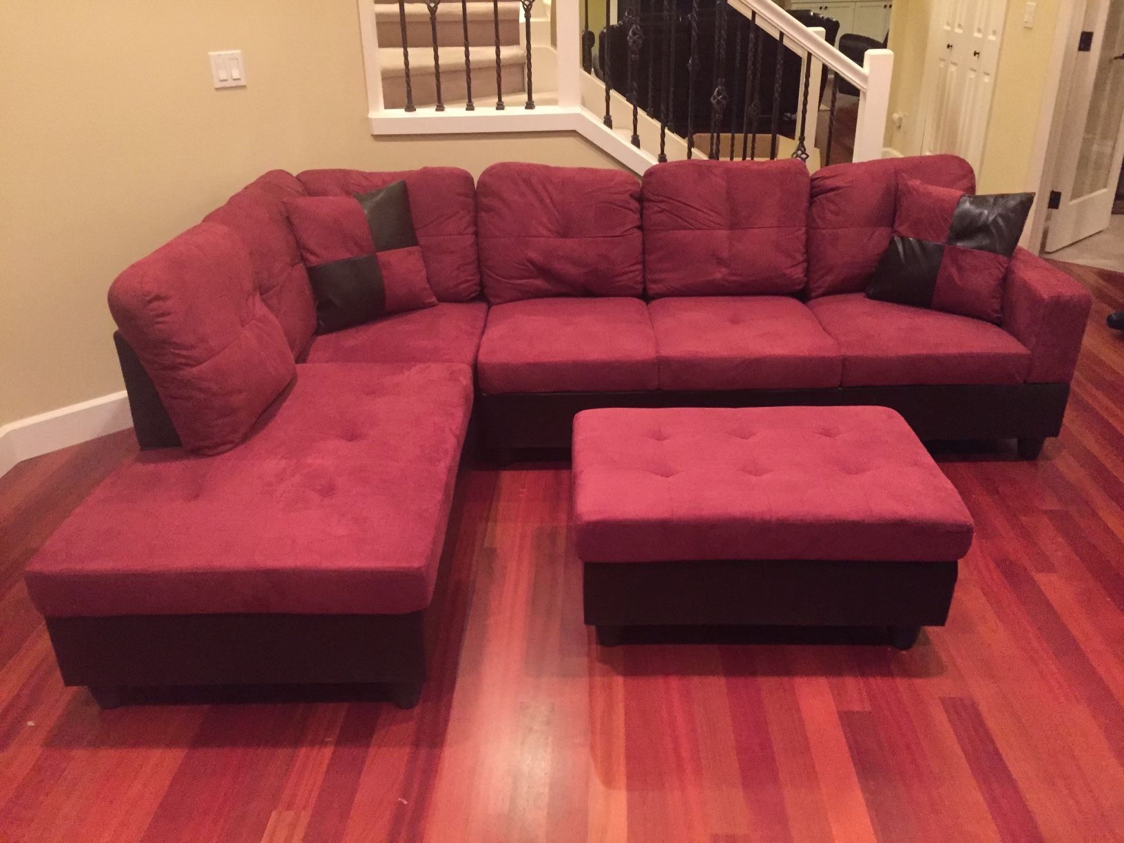 Red Microfiber Sectional Couch And Ottoman