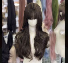 24-Inch Cold Brown Curly Wavy Wig with Bang