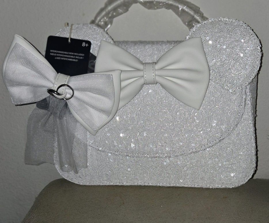 Disney LOUNGEFLY Minnie Mouse Sequin Wedding Bride Crossbody Bag Purse White