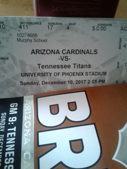 Drank too much can't make it to the game. I have 8 tickets in sec 411 row 17. $30 each. PArking pass included. Cards vs Titans