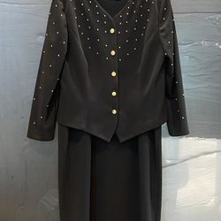 VTG Leslie Fay Sleeveless Black Dress w/Jacket Gold Buttons/Studs Sz 16