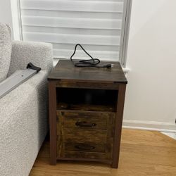 Brown Night Stand, Rustic End Table with Charging Station