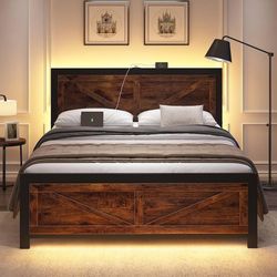 Full Size Bed Frame with Led Lights and Charging Station, Platform Farmhouse Wood Bed Frame with Rustic Barn Door Headboard, Strong Metal Slats Suppor