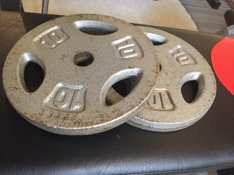 2 x 10lbs standard 1” hole plates, great for adding weight to your barbell or dumbbells.