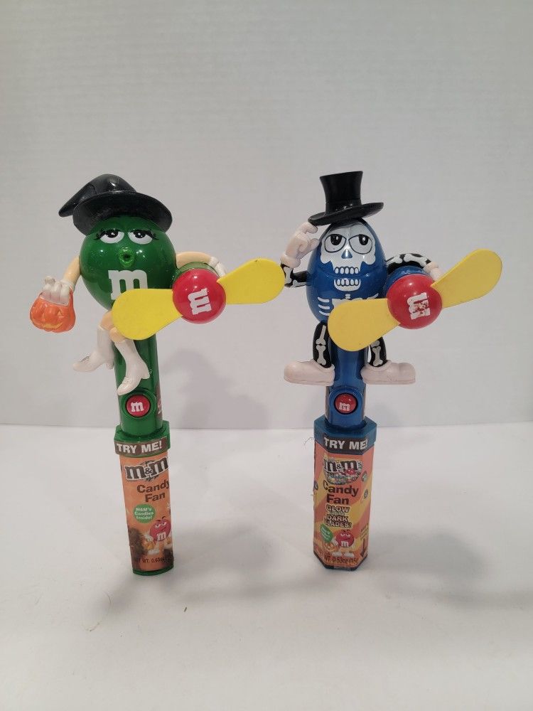 (2) M&M 2010 Halloween Green Girl Witch & Blue Boy Skeleton Fan Candy Dispensers