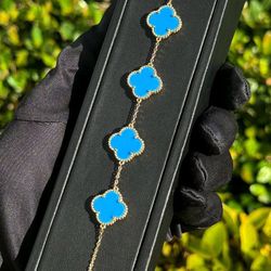 Jewelry 925 sterling silver Tiffany Van cleef style 5 motifs clover shape stone bracelet