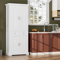 Pantry Storage Cabinet, 71" Tall Storage Cabinet with 4 Doors and 2 Drawers, Utility Kitchen Pantry with Adjustable Shelves for Dining Room Living Roo