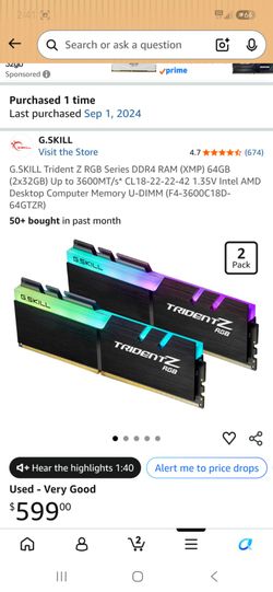 G.SKILL Trident Z RGB Series DDR4 RAM (XMP) 64GB (2x32GB) Up to 3600MT/s* CL18-22-22-42 1.35V Intel AMD Desktop Computer Memory U-DIMM (F4-3600C18D-64