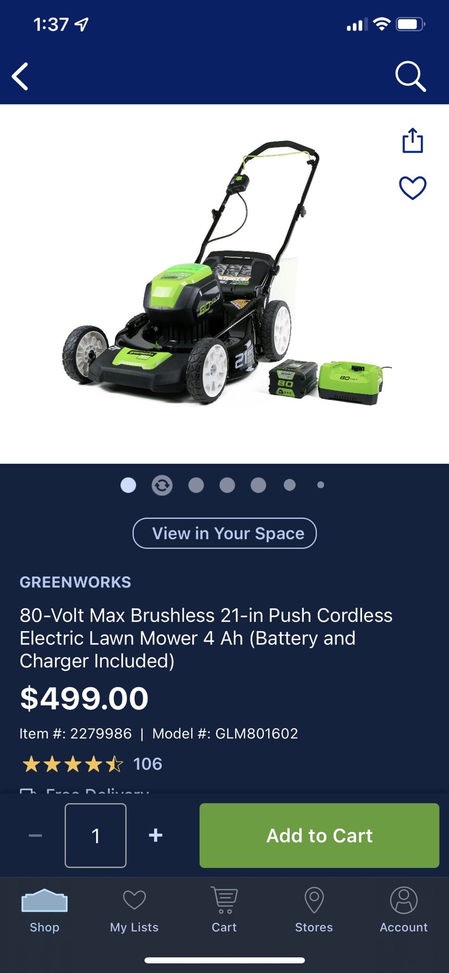 Greenworks Pro 80V 21-Inch Push Lawn Mower, 4Ah Battery and Charger Included, Model Number GLM801602 BRAND NEW IN BOX