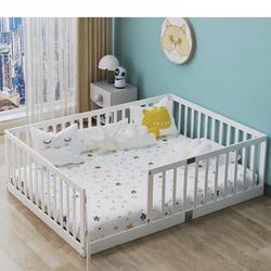 Full Size Floor Bed for Kids Wooden Toddler Floor Bed Frame White,55.5"*77.5"(Mattress not Included)