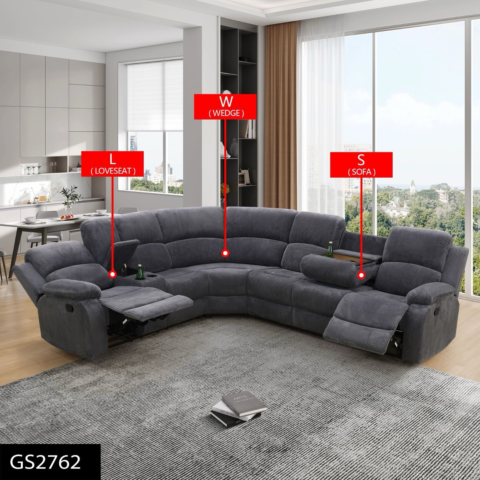 Dark Gray Corduroy Living Room 3-Piece Intelligent Recliner Sofa Set