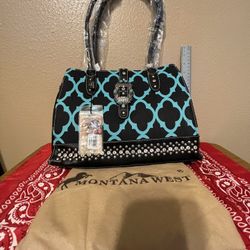 Black Leather with Turquoise Fabric Front Purse