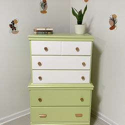 Boho Chic Tall 5 Drawer Dresser In Antique Green And White 