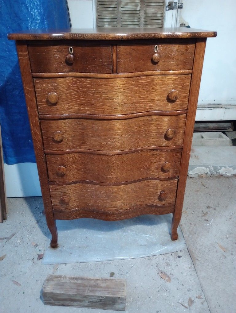 Antique 6 Drawer Tall Boy Serpentine Style Dresser