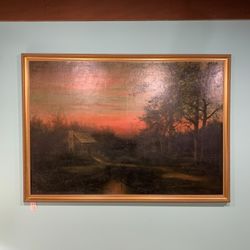 Cabin and Brook at Sunset Large 1920’s Painting