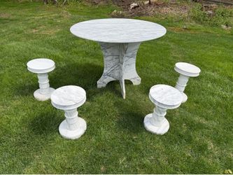 Vintage Solid White Marble Patio Set - Round Table and 4 Pedestal Swivel Seats