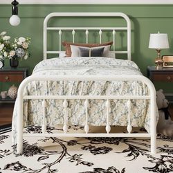 Twin Metal Bed Frame with Victorian Iron-Art Headboard, Cream Victorian Iron-Art Headboard and Footboard, Easy Assembly, Under Bed Storage, No Box Spr
