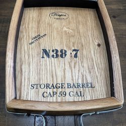 Heavy duty recycled wine barrel wood tray with metal handles