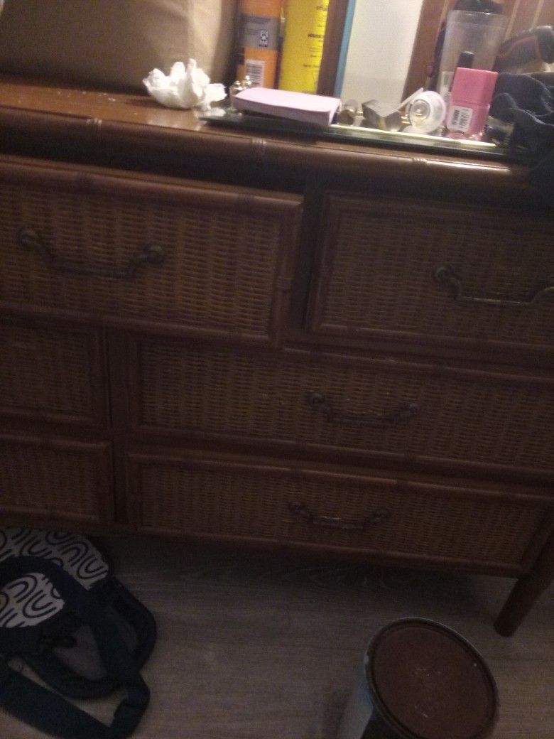 Vintage Faux Bamboo And Wicker Front Seven Drawer Dresser