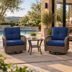 Outdoor Rattan Swivel Patio Rocking Chair with Side Table, Blue (3-Piece)
