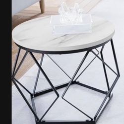 Modern VASAGLE  End Table With The Geometric Matte Black Metal Base And Faux Marble White Round Top 16" In Diameter H14.5"