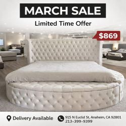 Cream velvet platform circle storage space queen bed frame 
