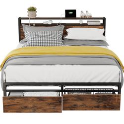Full size Bed Frame with Storage Headboard, with Drawers and Charging Station, Brown D-41