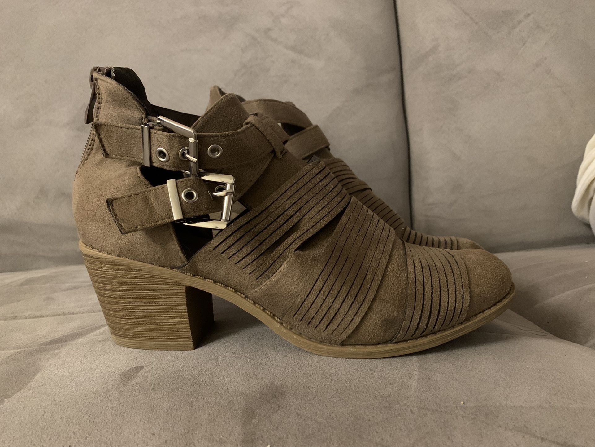 Beige, Suede Belt Buckle Booties