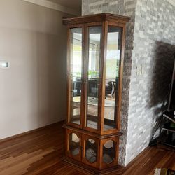 Antique Wood Vertical Display Case With Working Lights And Glass Doors