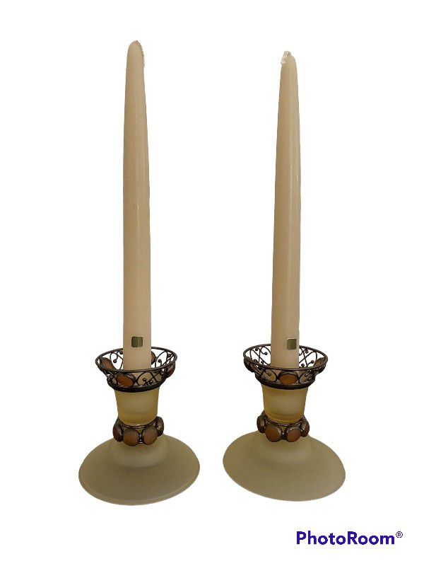 Retired PartyLite Paris Retro Amber Frosted Filigree Candlestick Pillar  Holders